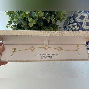 New Rachel Zoe 14K Gold Sterling Silver Cubic Zirconia 3 Clover Bracelet 6.5”+1”